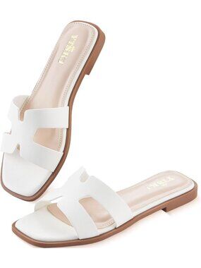 〽️Women's White Slides Flat Open Toe Comfortable Soft Slip On Casual Sandals
